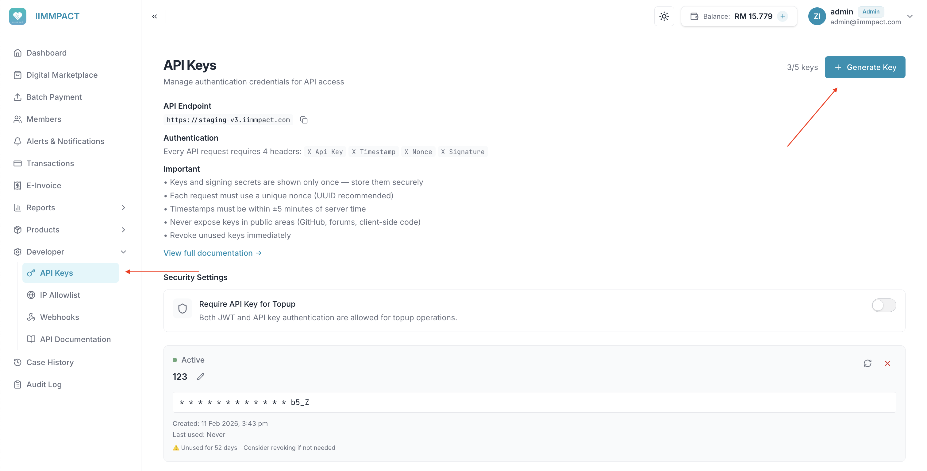 API Keys page showing empty state with Generate Key button