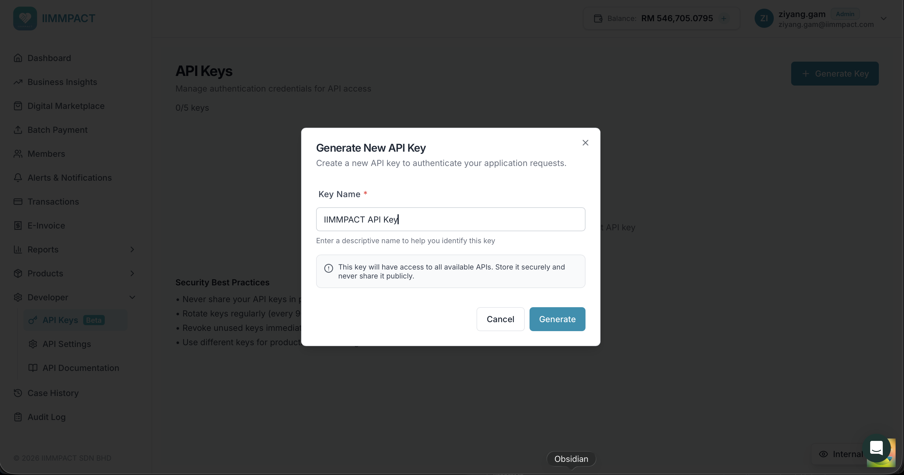 Generate New API Key dialog with key name input