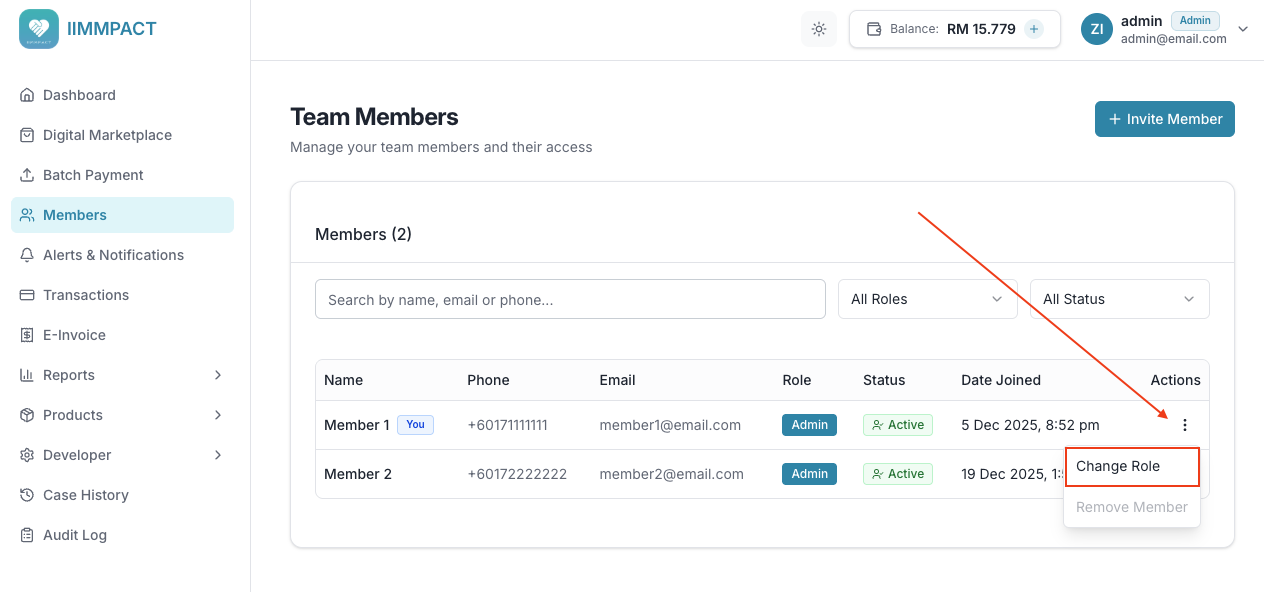 Member actions menu showing Change Role and Remove Member options