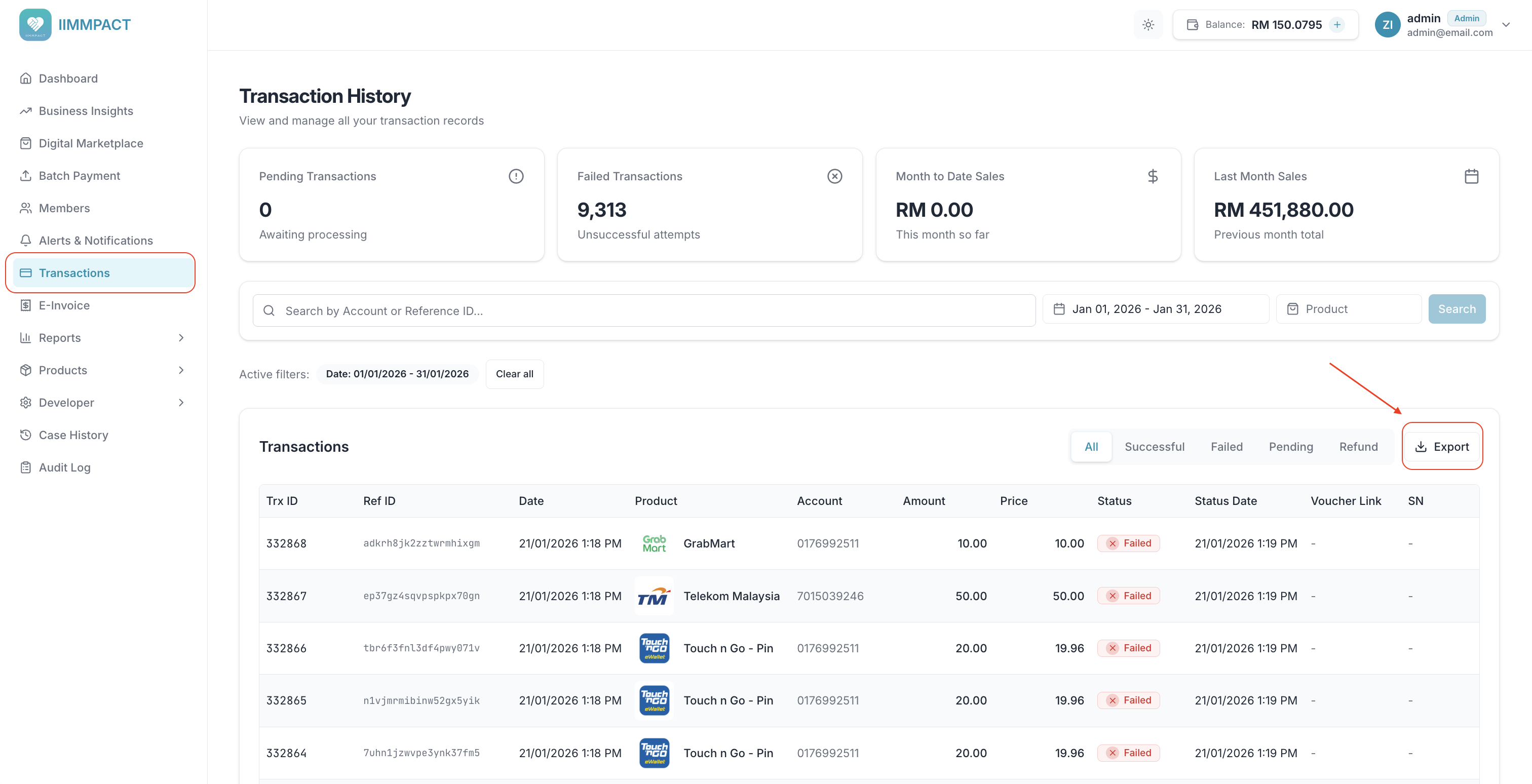 Transaction History page with filters, status tabs, and Export button