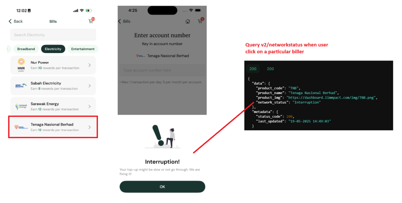 Network interruption warning in app with API response